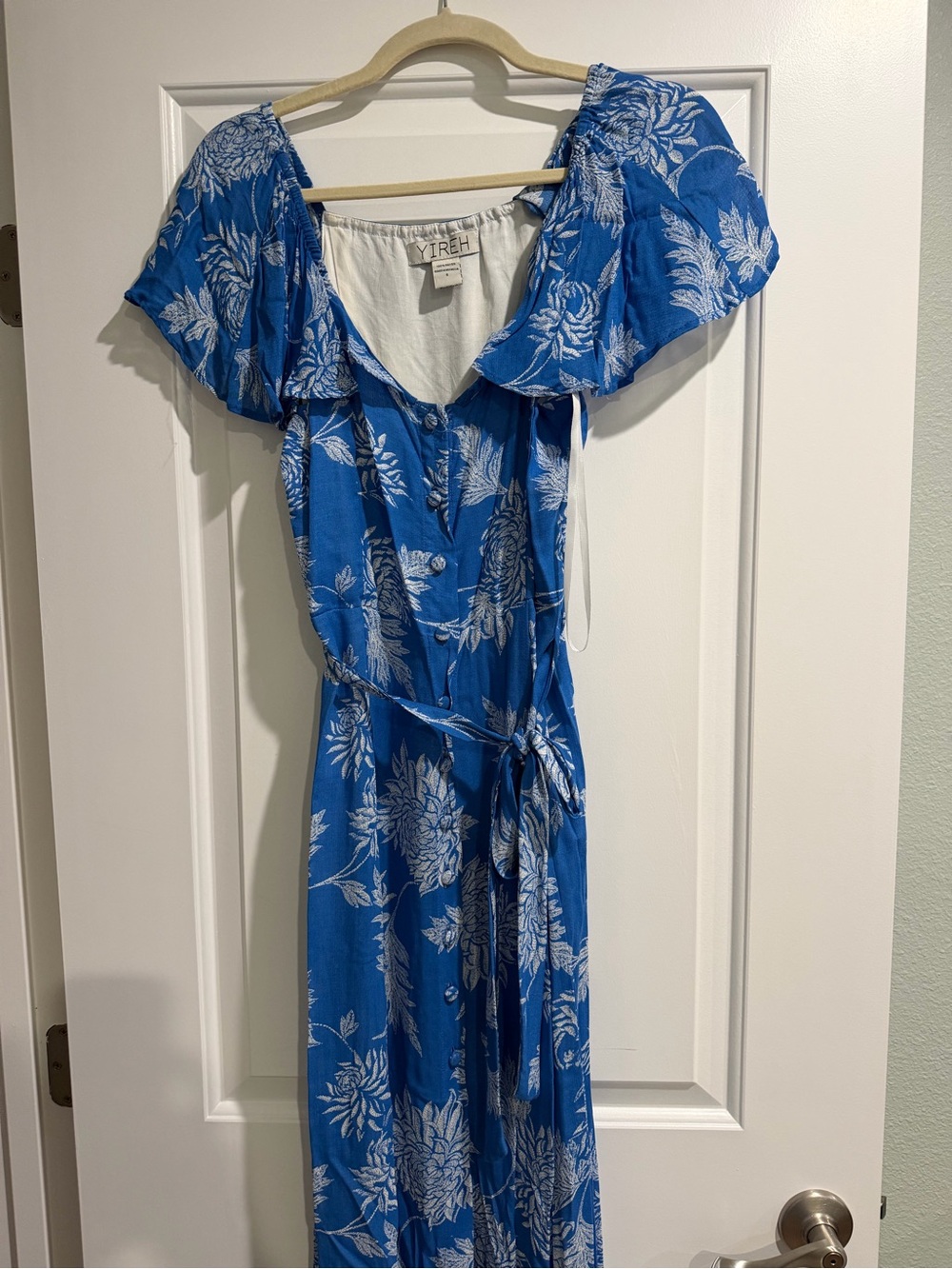 Yireh Blue Floral Tie-Waist Maxi Dress, Small